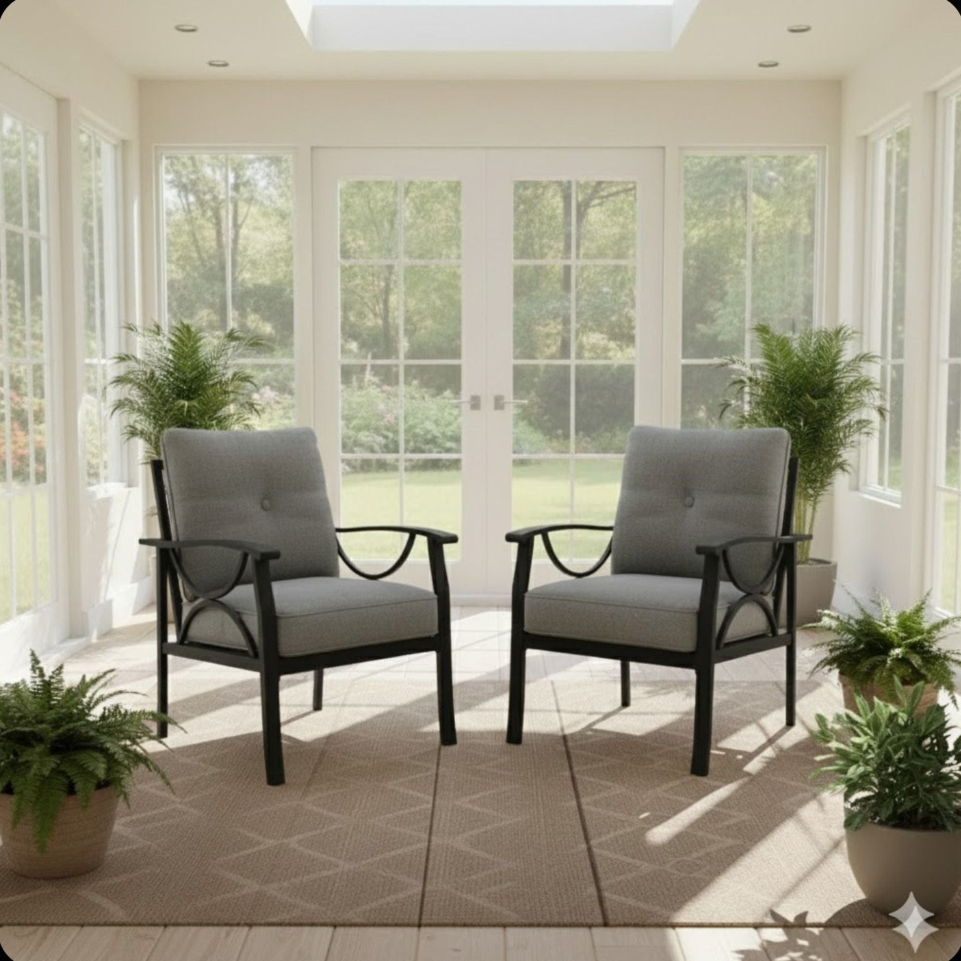 Set of 2 gray all-weather armchairs with cushions and black metal frames in a bright sunroom with glass doors on Tampa Home & Garden Store