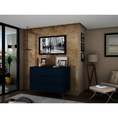 Rockefeller 3-Drawer Dresser navy blue with splayed legs in living room HouseOfZazla on Tampa Home & Garden Store