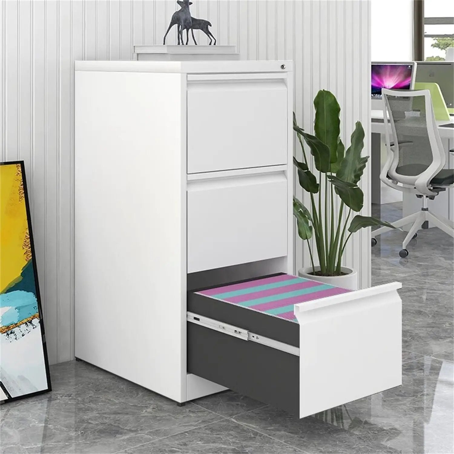 White metal 3-drawer filing cabinet with lock by Unique Piece Furniture for office storage on Tampa Home & Garden Store