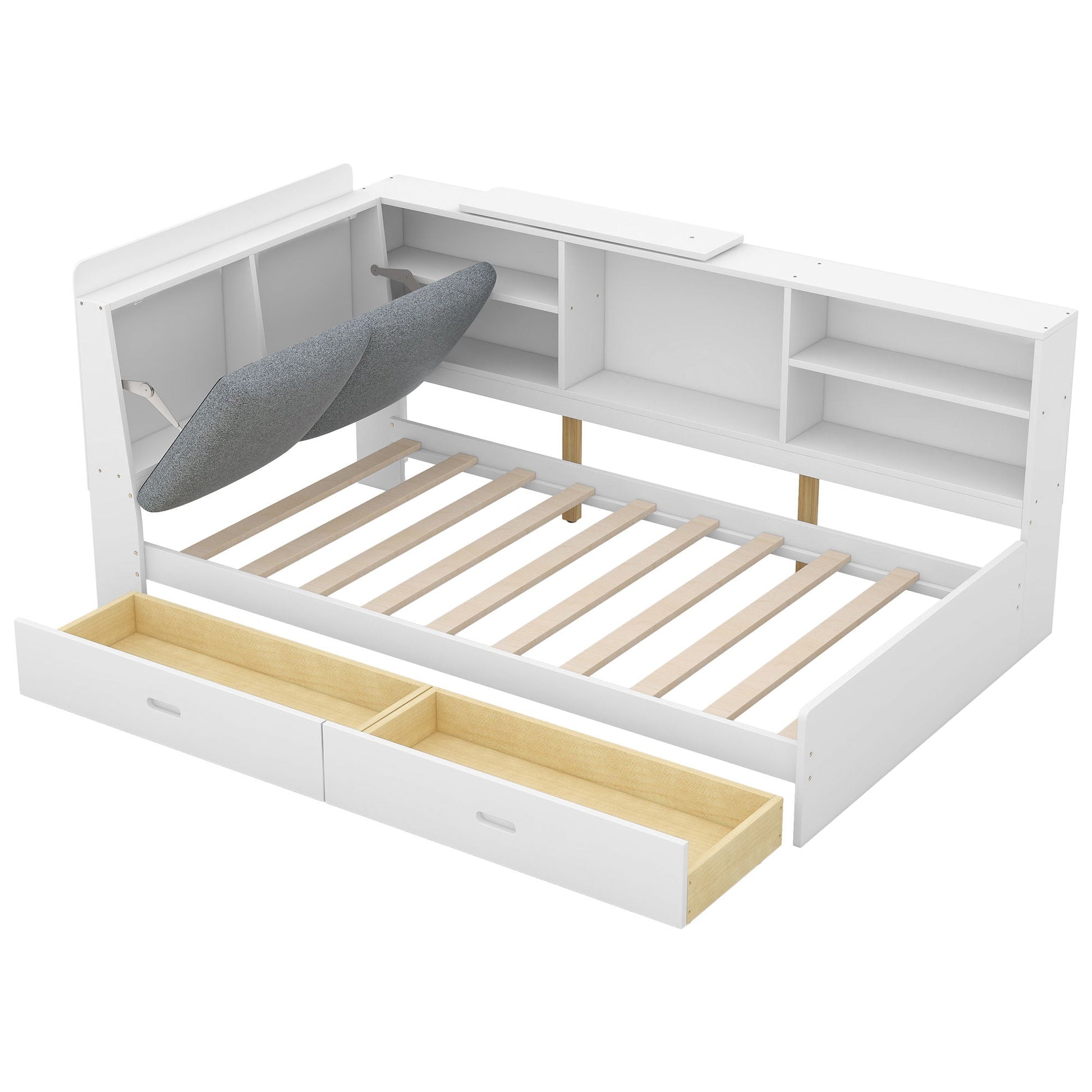 Platform bed with headboard, shelves and two wooden drawers, white finish HouseOfZazla on Tampa Home & Garden Store