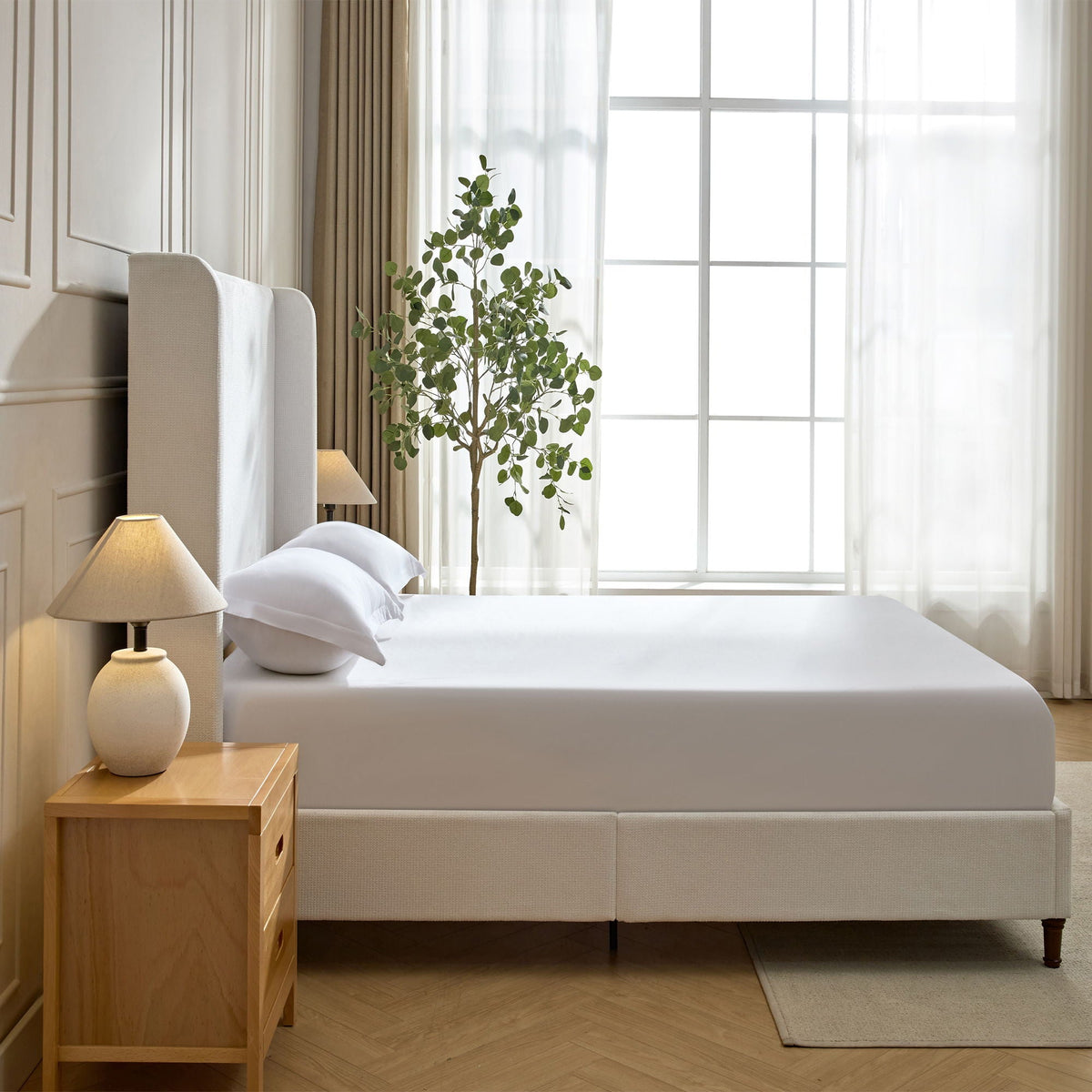 Harper tall upholstered bed beige fabric high headboard by HouseOfZazla on Tampa Home & Garden Store
