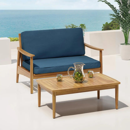 Outdoor Acacia Wood Loveseat Set With Coffee Table, blue cushions, 2-piece by HouseOfZazla on Tampa Home & Garden Store