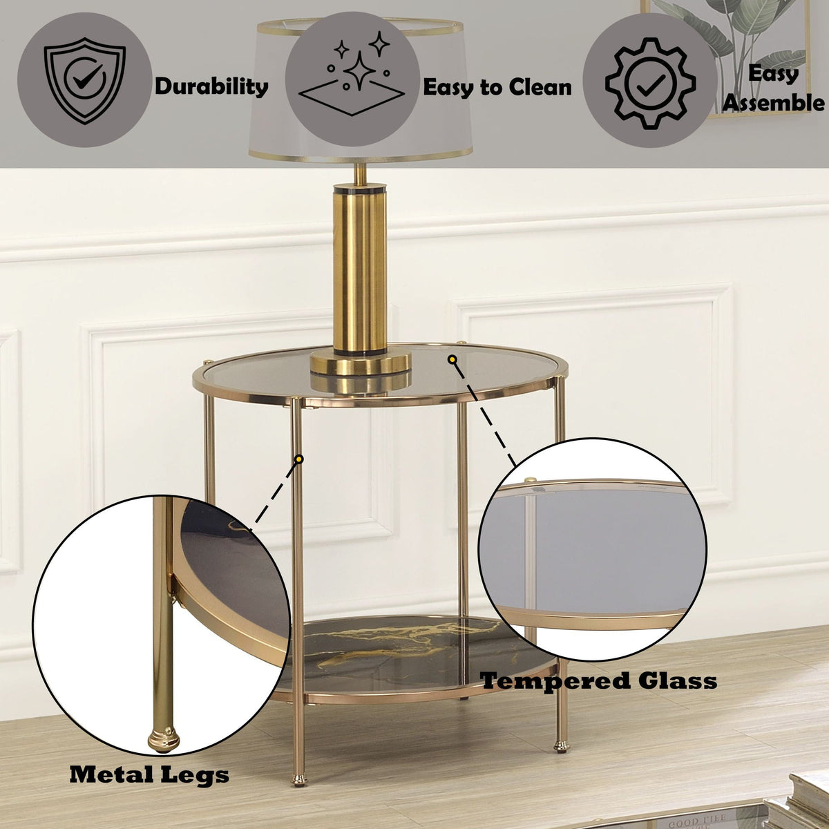 Fiorella marble print glass coffee table with durable gold metal frame tempered glass top on Tampa Home & Garden Store