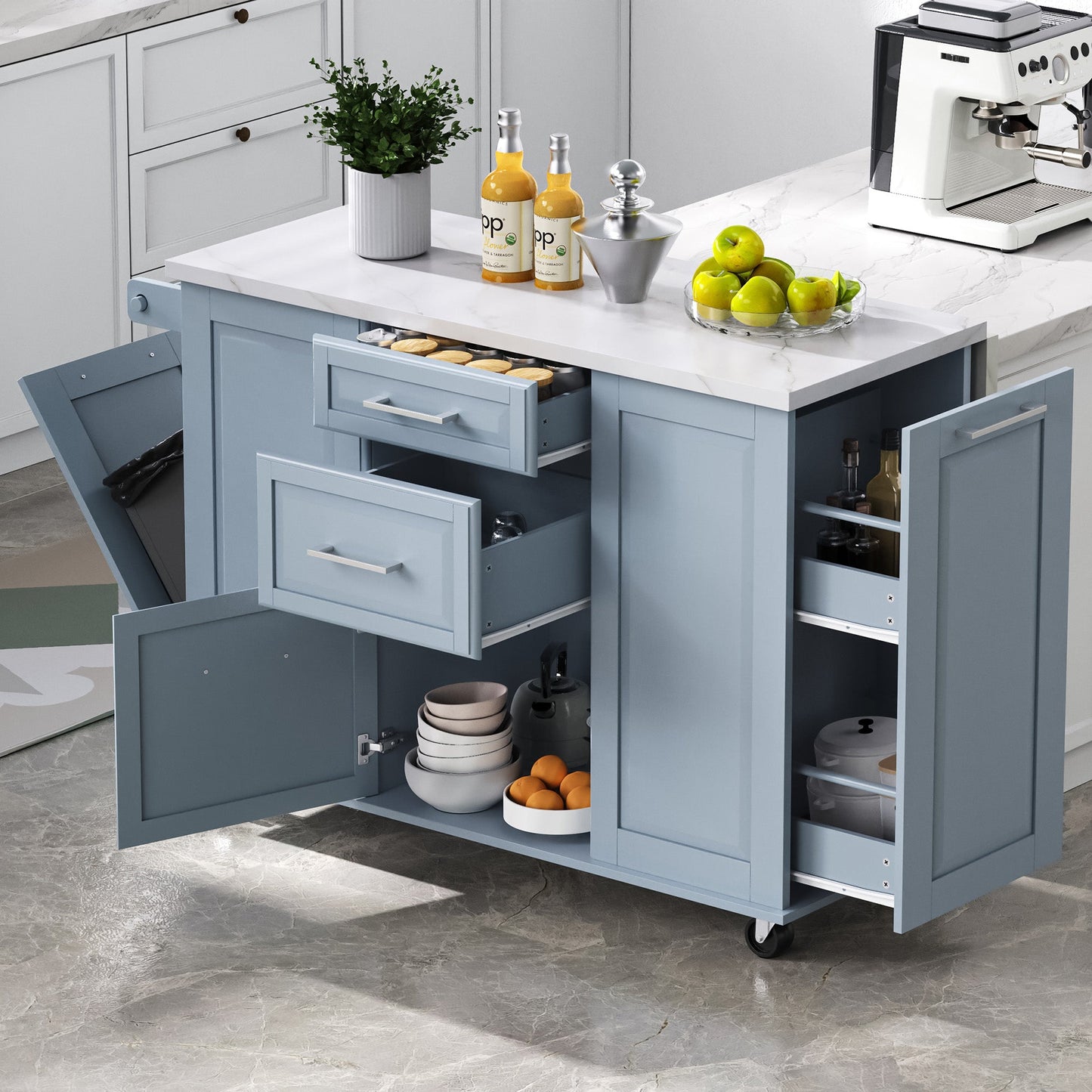 K&K Kitchen Island with Storage Tilt Trash Can Cabinet by HouseOfZazla, blue marble top on Tampa Home & Garden Store
