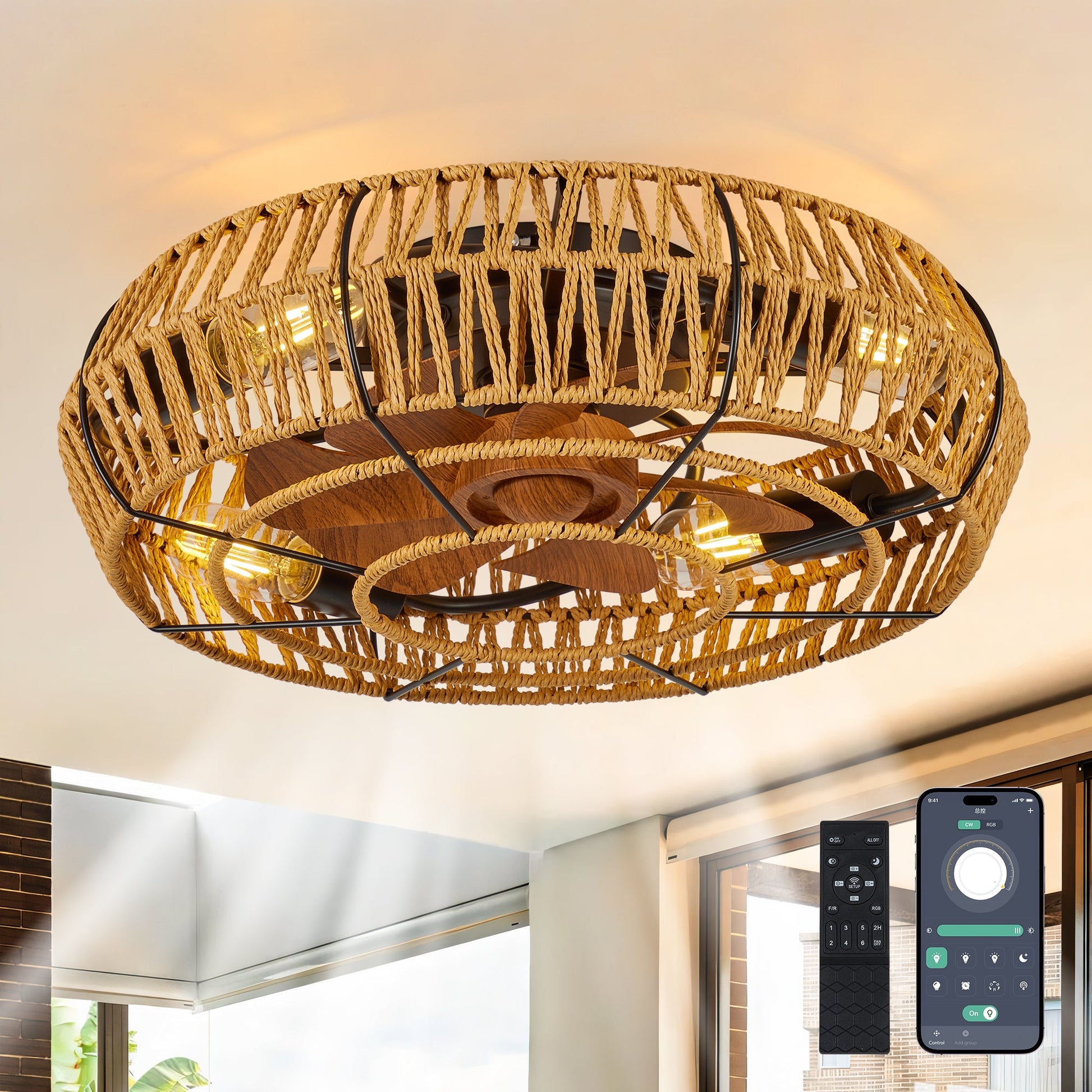 19in caged ceiling fan with lights and remote, rope-wrapped wicker cage, wood blades on Tampa Home & Garden Store