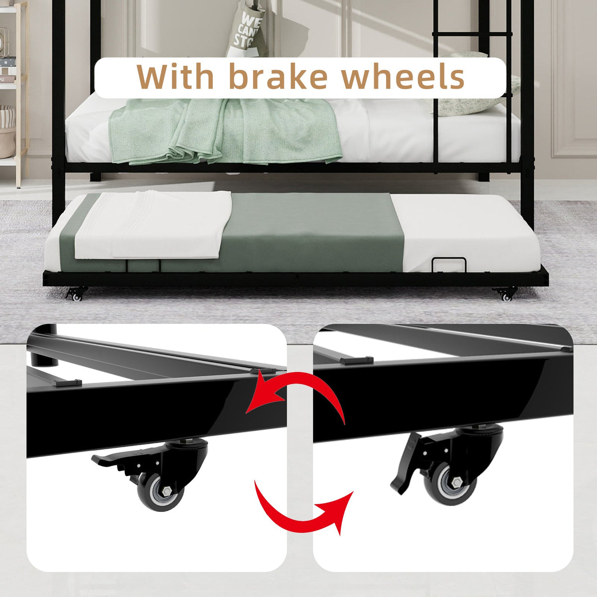 Durable square-tube iron full-size bunk bed by HouseOfZazla, black frame with brake wheels on the lower unit on Tampa Home & Garden Store