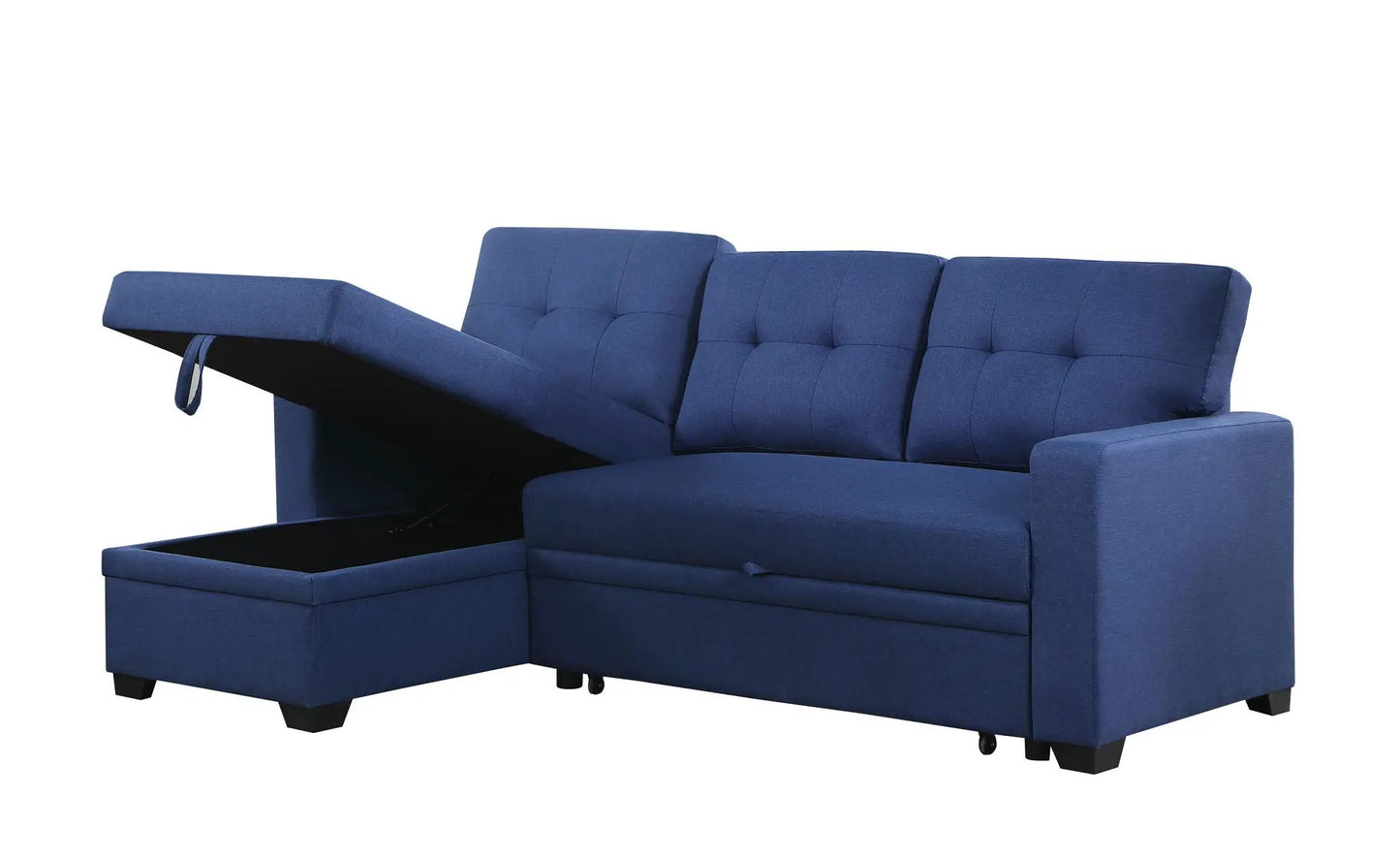 Upholstered Pull Out Sectional Sofa With Chaise in blue fabric; tufted cushions sleeper on Tampa Home & Garden Store