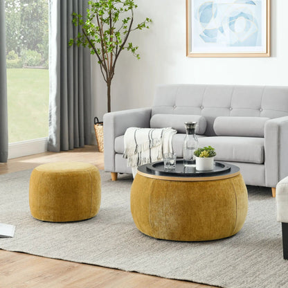 Round storage ottomans set in warm brown fabric; 2-in-1 end table and ottoman on Tampa Home & Garden Store