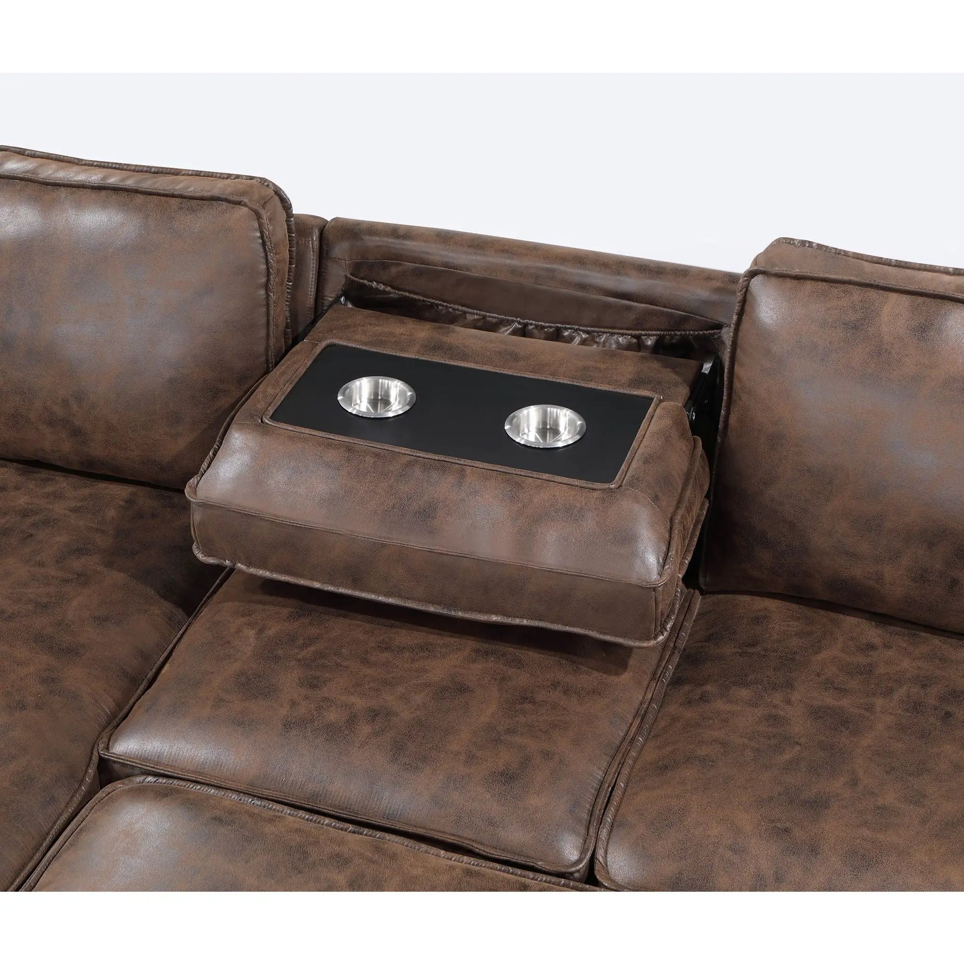 Territory pull-out sofa bed sleeper sectional in distressed brown leather with cupholder console on Tampa Home & Garden Store