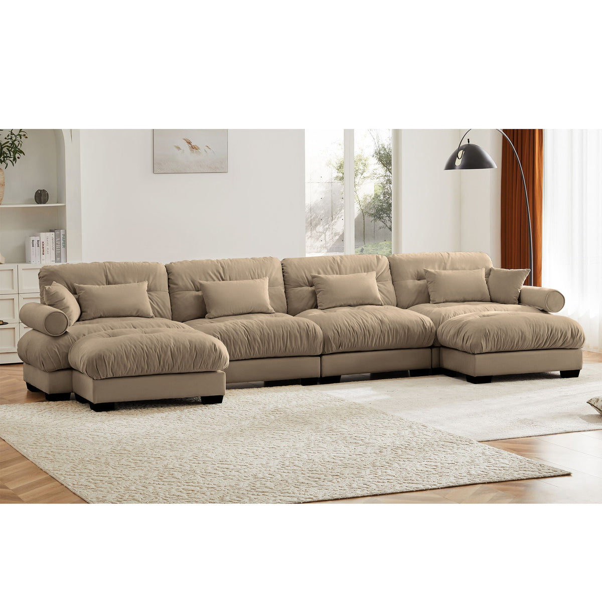 Modern sectional sofa with ottoman beige fabric round bolster arms by HouseOfZazla 2pc set on Tampa Home & Garden Store