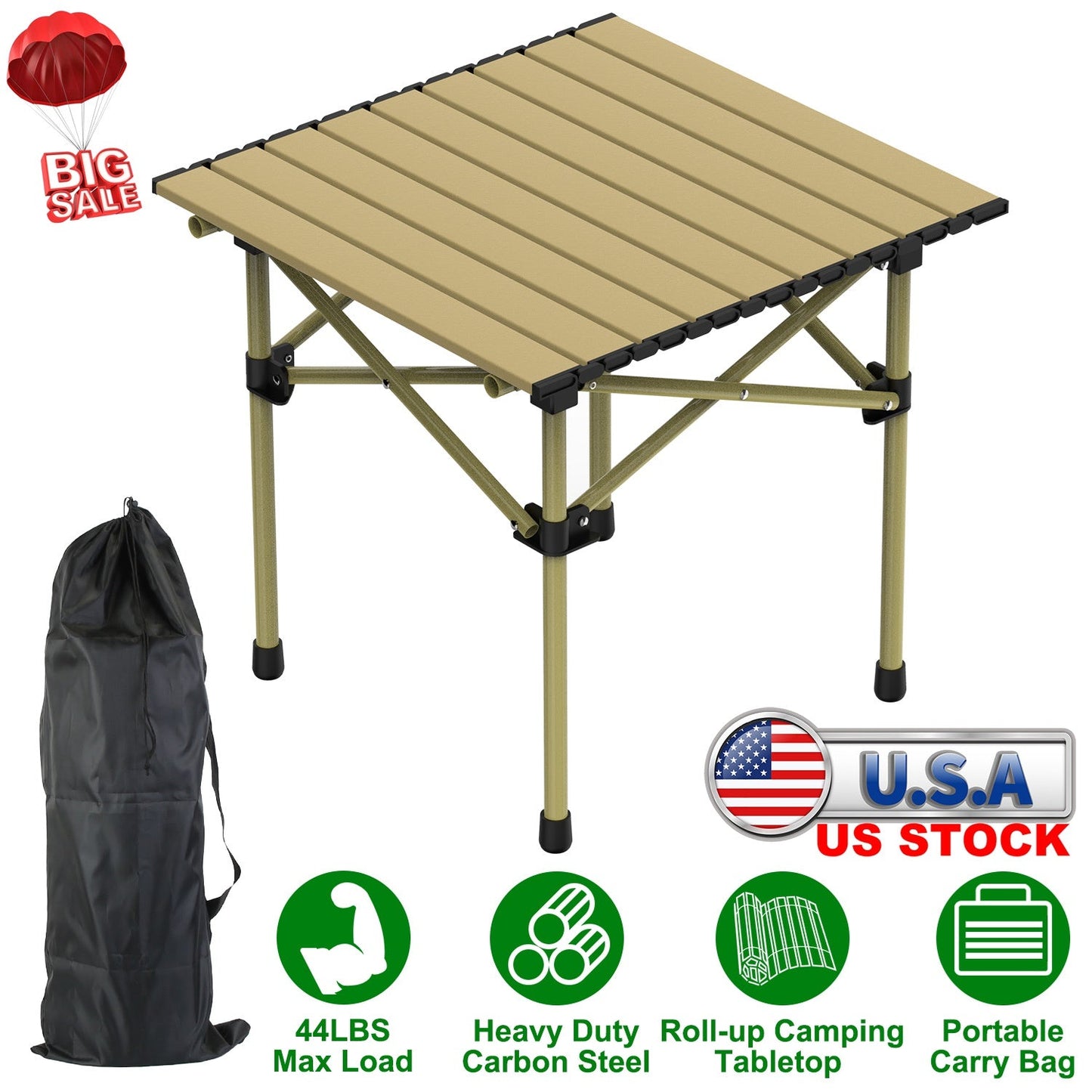 GemGear folding camping table beige carbon steel roll-up tabletop with carry bag for outdoor use on Tampa Home & Garden Store