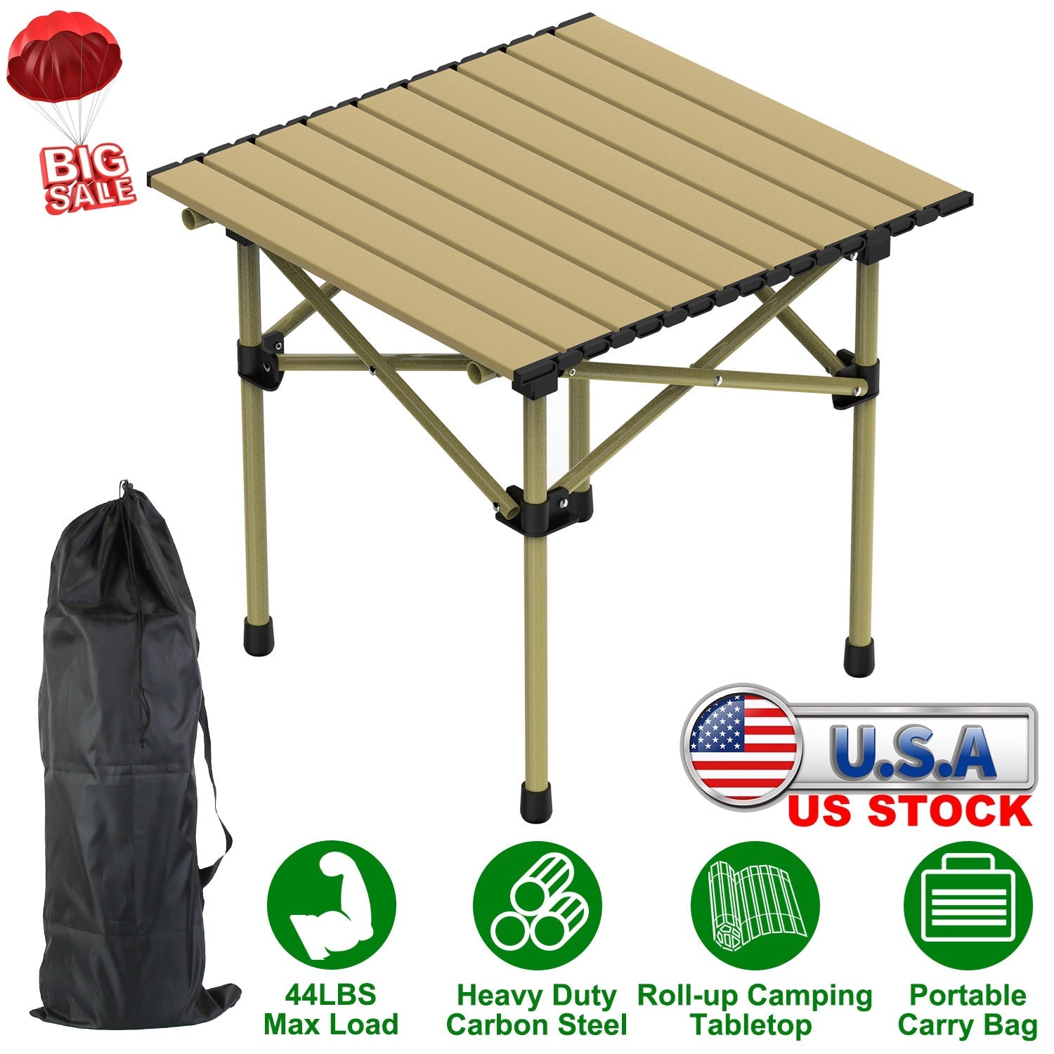 GemGear folding camping table beige carbon steel roll-up tabletop with carry bag for outdoor use on Tampa Home & Garden Store