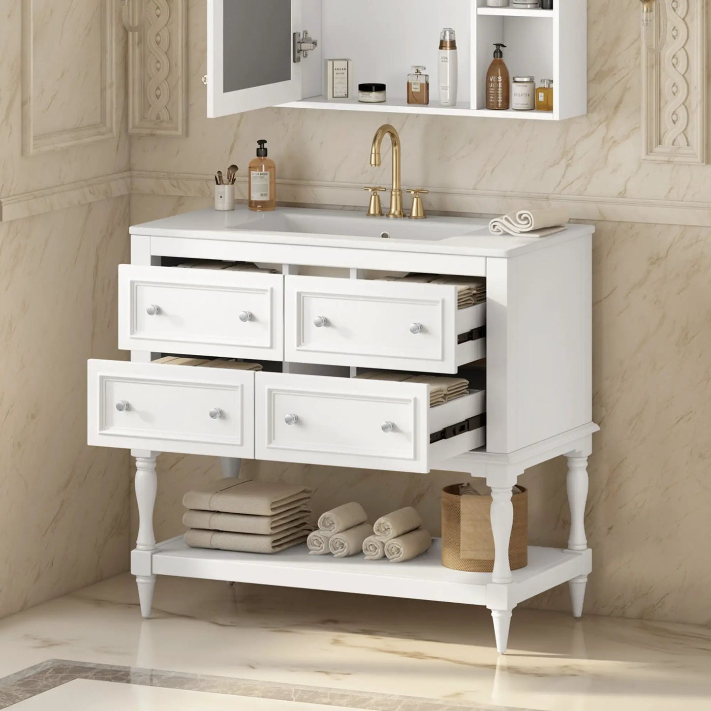 Bathroom vanity with undermount sink, 4-drawer set, gold faucet by Unique Piece Furniture on Tampa Home & Garden Store