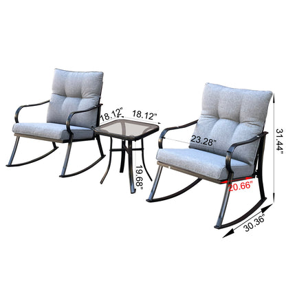 Rocking chair and teapoy set with two grey cushioned outdoor chairs and glass table HouseOfZazla on Tampa Home & Garden Store