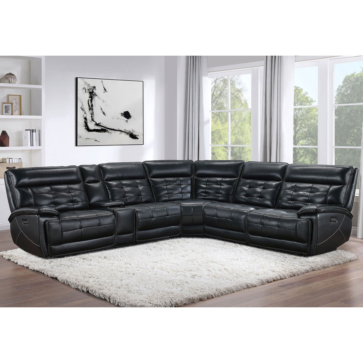 Hayden dual power reclining sectional sofa black leather by HouseOfZazla tufted cushions on Tampa Home & Garden Store