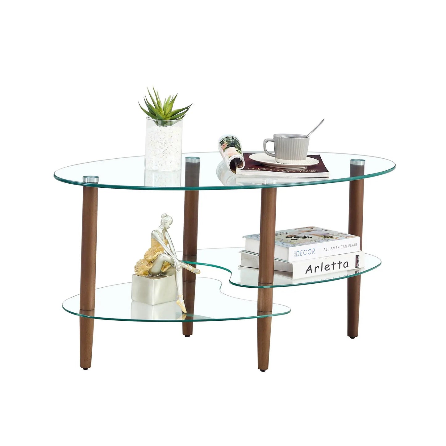 Oval transparent glass coffee table with oak wood legs and 3-tier shelves, plant and mug on top on Tampa Home & Garden Store