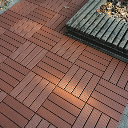 Interlocking deck tiles with no-tool assembly in dark brown, grooved surface on Tampa Home & Garden Store