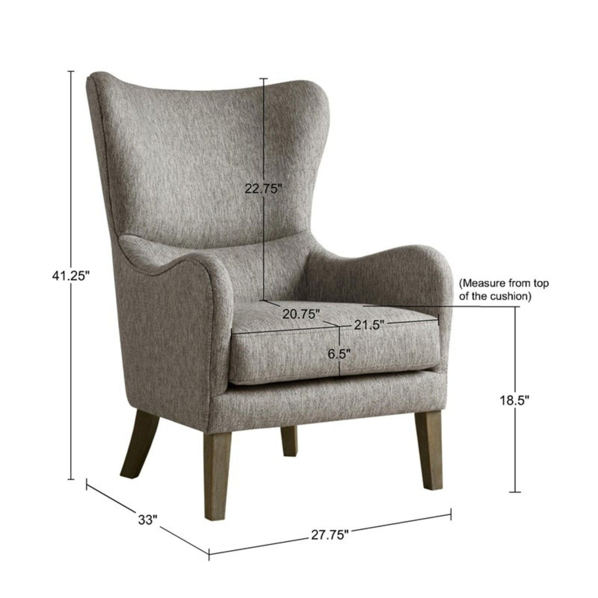 Arianna Swoop Wing Chair in dark gray fabric with beige accents, high-density foam, HouseOfZazla on Tampa Home & Garden Store