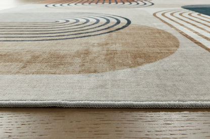 Farrendale washable rug beige tan with black circular patterns by Unique Piece Furniture on Tampa Home & Garden Store