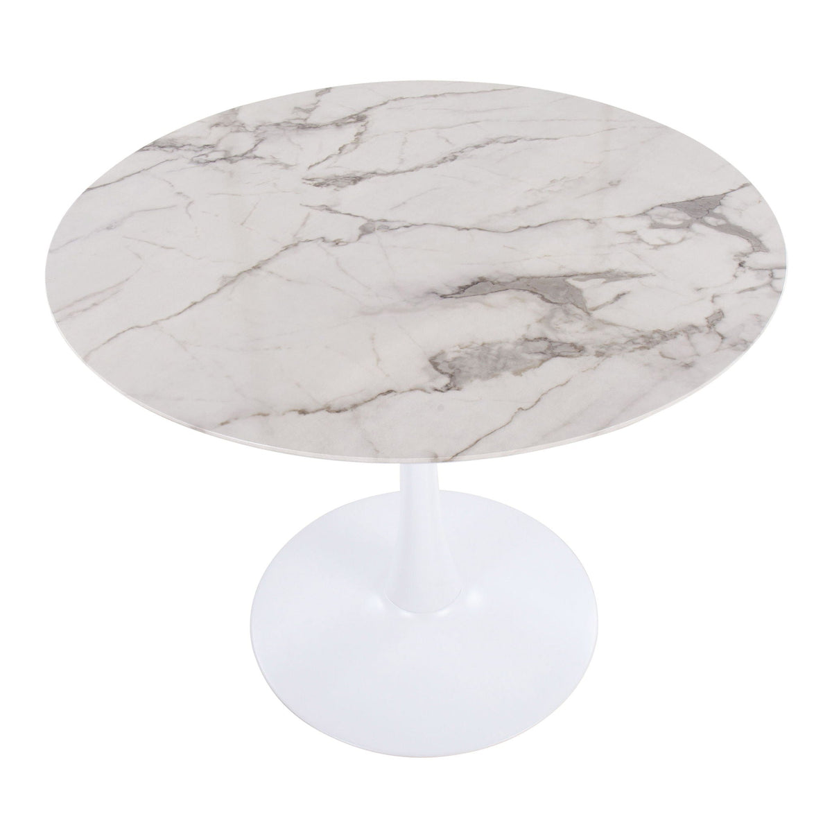 Round marble dining table with white top and gray veining on a white pedestal base on Tampa Home & Garden Store