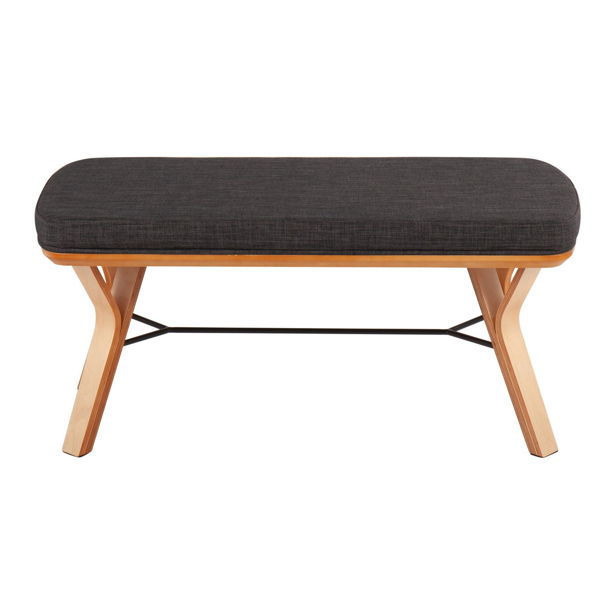 Mid Century Upholstered Bench with Cushioned Seat gray fabric, light wood base on Tampa Home & Garden Store