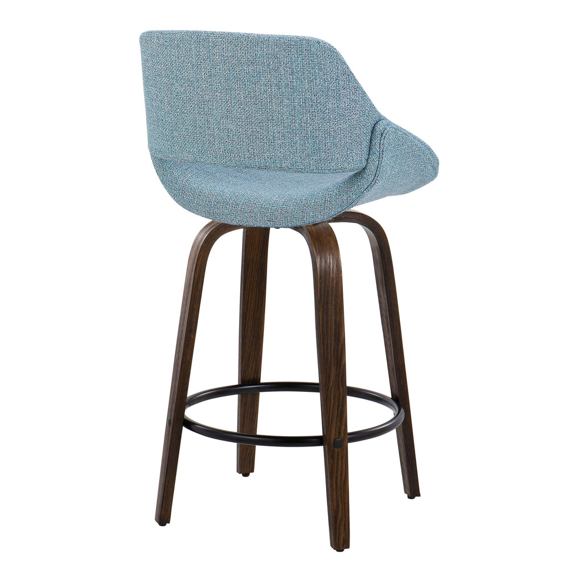 Mid-century counter stool set in blue upholstery with round footrest and dark wood legs on Tampa Home & Garden Store