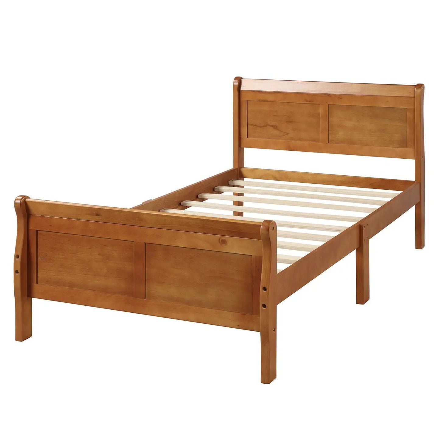 Platform bed frame with headboard and footboard in honey wood, wood slat support on Tampa Home & Garden Store