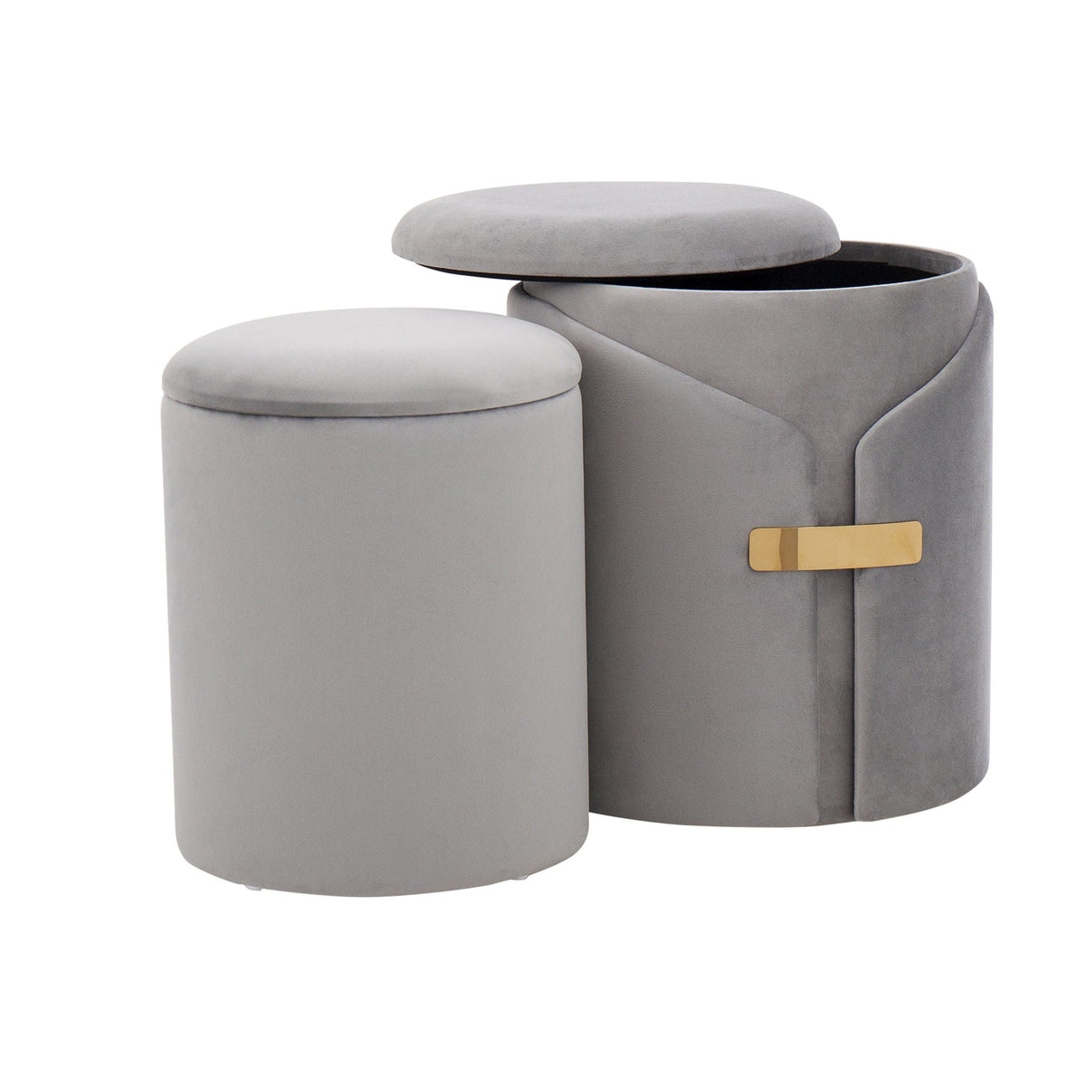 2-piece Dahlia nesting ottoman set in gray tones with a gold metal accent on the dark gray piece on Tampa Home & Garden Store