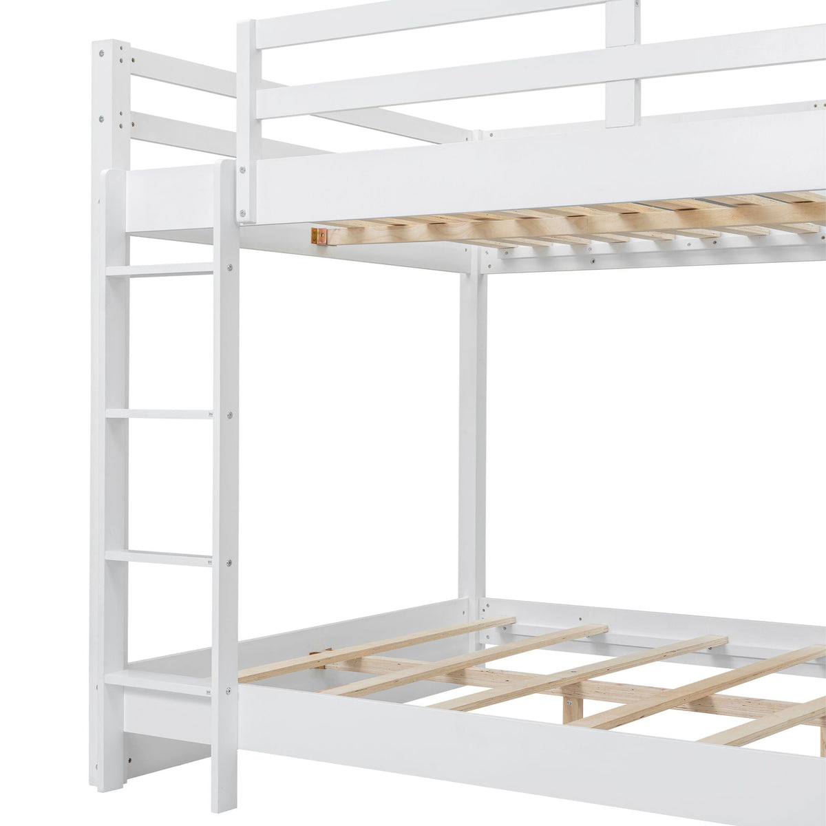 Sturdy white bunk bed frame with ladder by HouseOfZazla, wooden slat base on lower bunk on Tampa Home & Garden Store