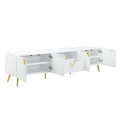 Gaines high gloss white TV stand with gold legs and fabric-wrapped drawers by HouseOfZazla on Tampa Home & Garden Store