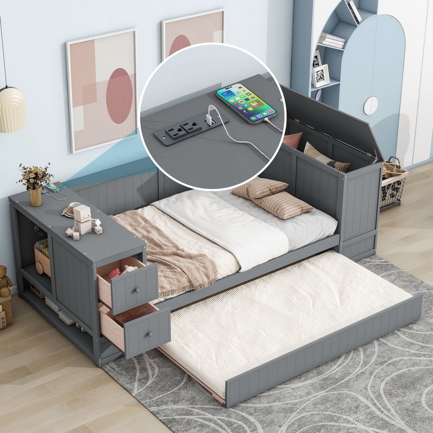 Daybed with storage arms, trundle and charging station in gray by HouseOfZazla on Tampa Home & Garden Store