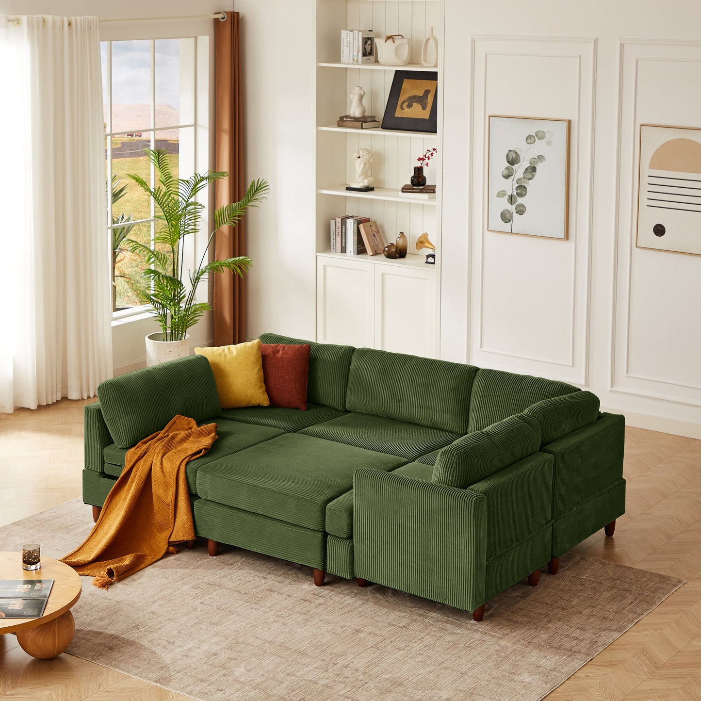 Modern Modular Sectional Couch by HouseOfZazla in green corduroy with wooden legs on Tampa Home & Garden Store