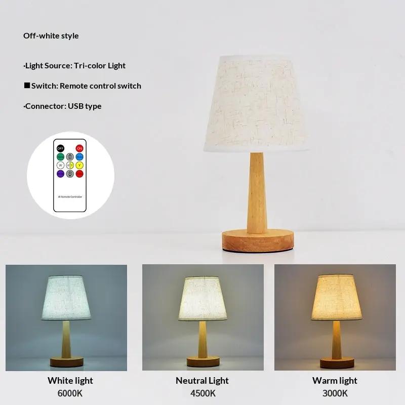 Solid wood LED bedside lamp with off white fabric shade and dimming remote control on Tampa Home & Garden Store