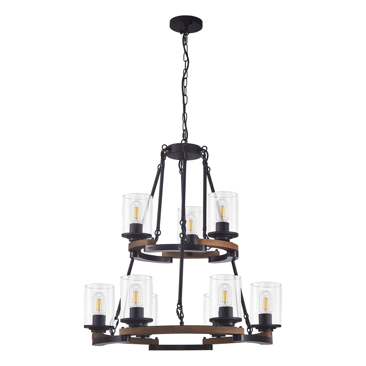 9 Light Vintage Wagon Wheel Chandelier black metal frame with glass shades HouseOfZazla on Tampa Home & Garden Store