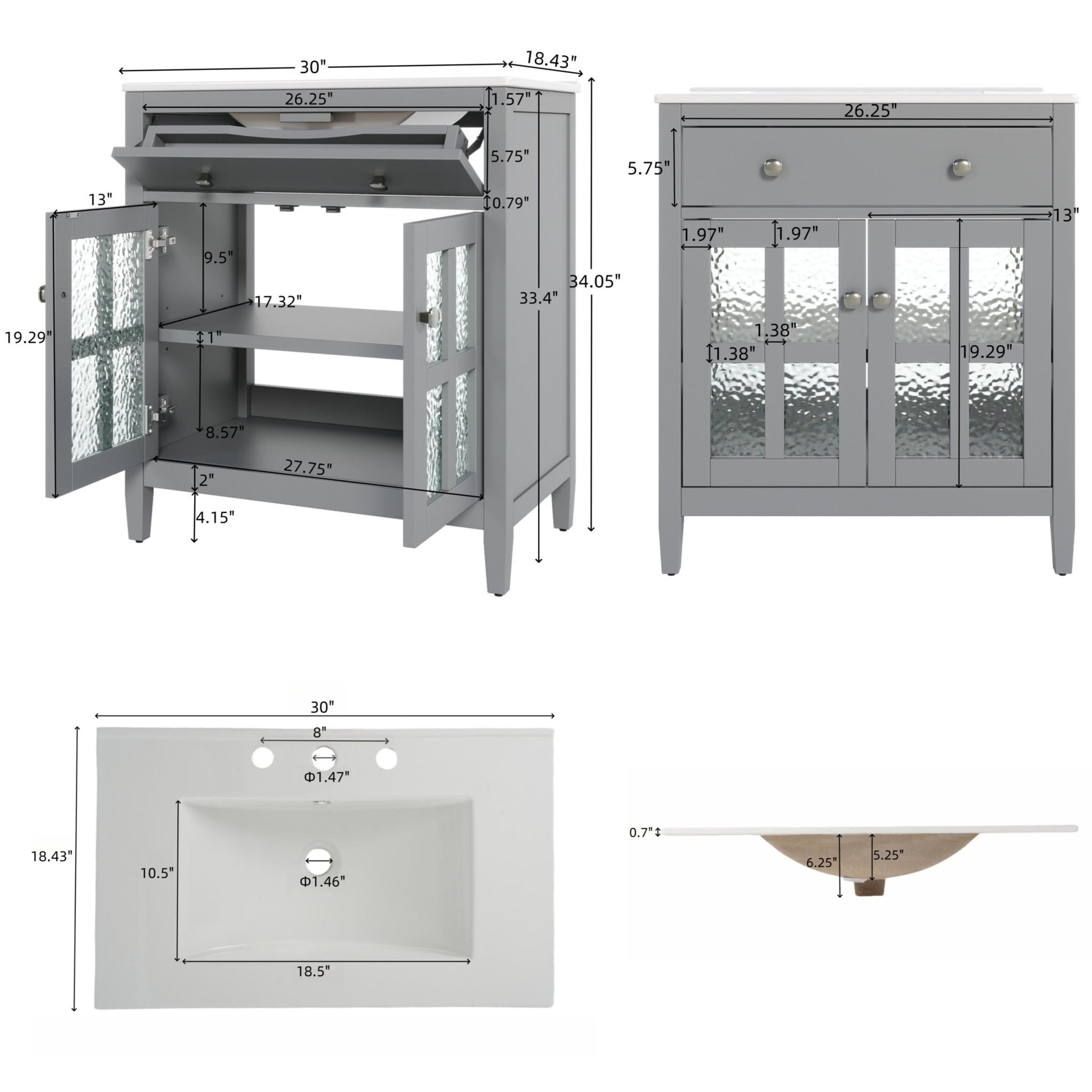 Bathroom vanity with ceramic sink, gray finish, adjustable shelf, tip-out tray on Tampa Home & Garden Store