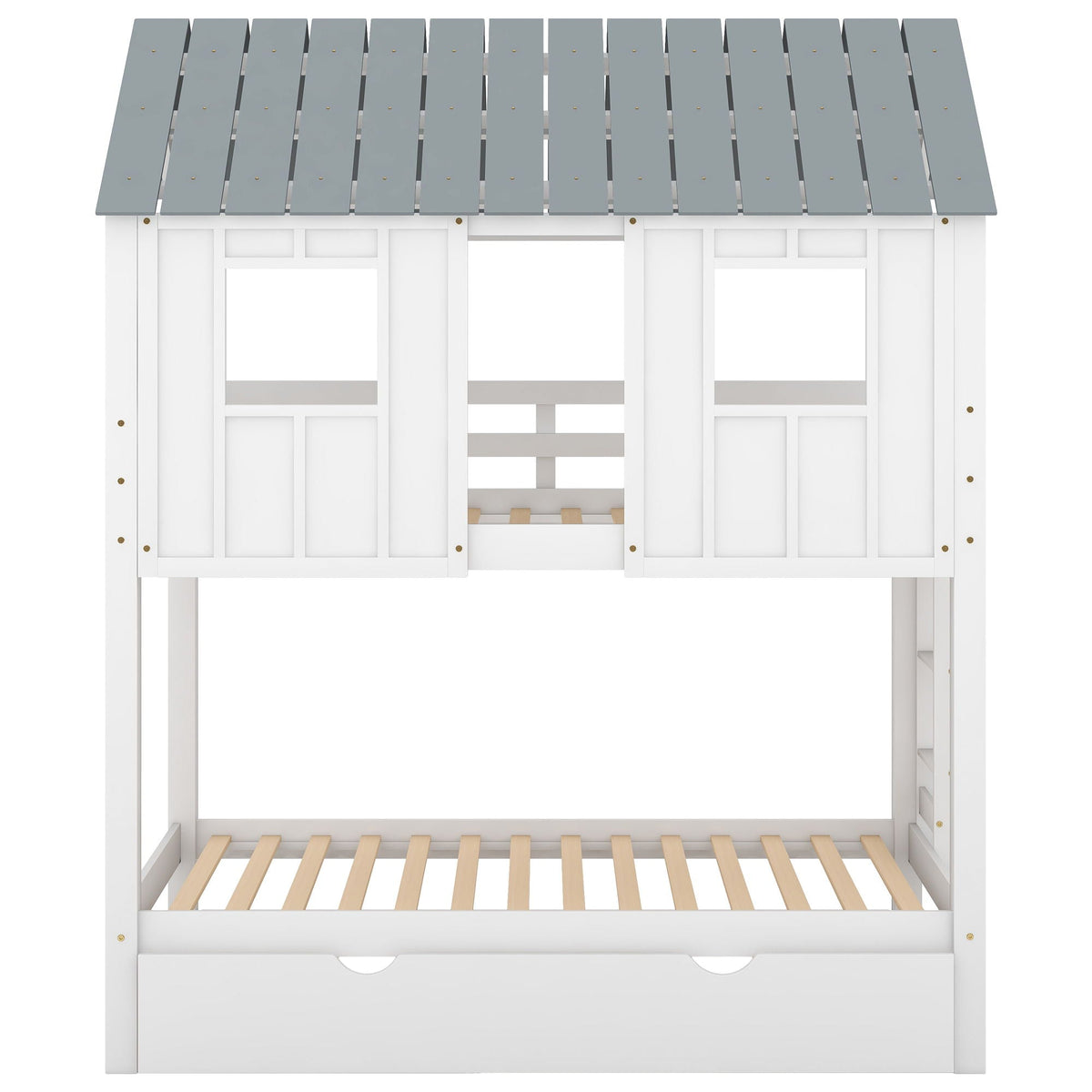 Twin size house bunk bed with trundle, gray roof panels and window accents on white frame on Tampa Home & Garden Store