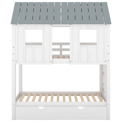 Twin size house bunk bed with trundle, gray roof panels and window accents on white frame on Tampa Home & Garden Store