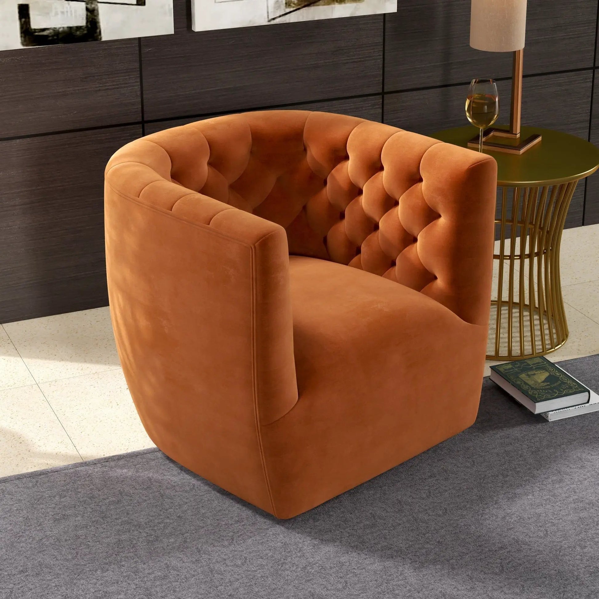Delaney ergonomic swivel chair orange velvet tufted round lounge by Unique Piece Furniture on Tampa Home & Garden Store