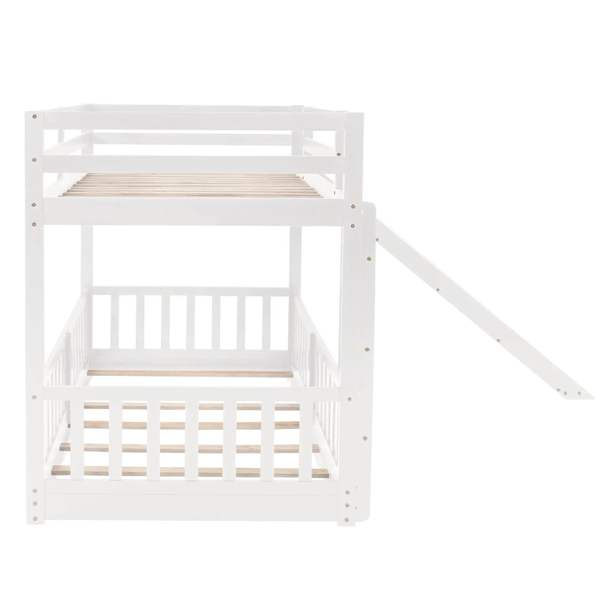 Functional bunk bed with slide, white wooden frame with slatted top bunk, by Unique Piece Furniture on Tampa Home & Garden Store