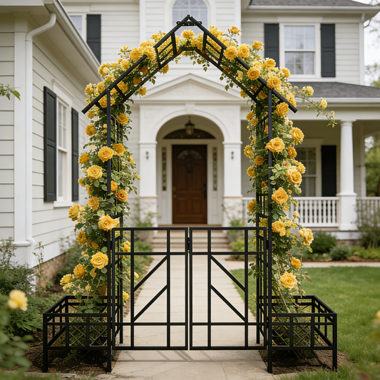 Black metal garden arch gate with planters and climbing roses along the sides on Tampa Home & Garden Store