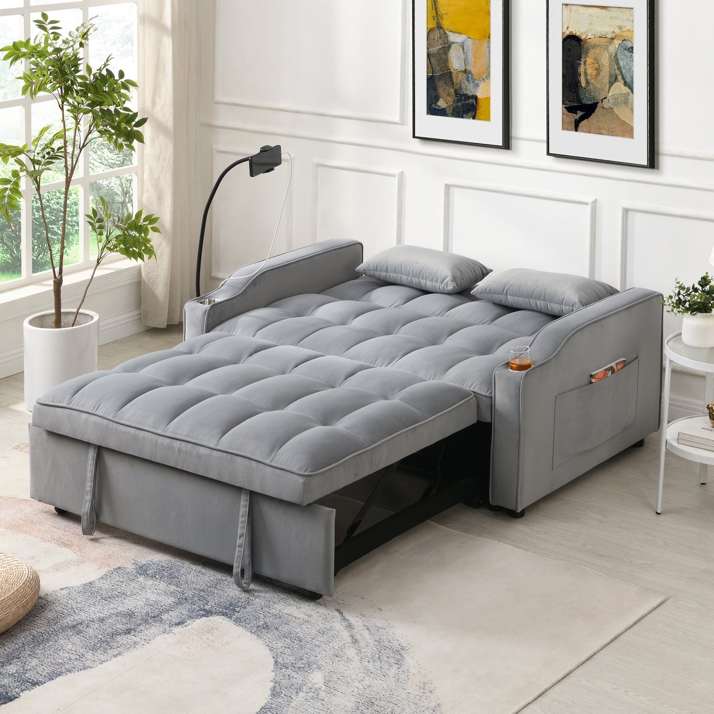 Gray velvet sleeper loveseat futon with pullout bed, tufted cushions in a modern living room on Tampa Home & Garden Store
