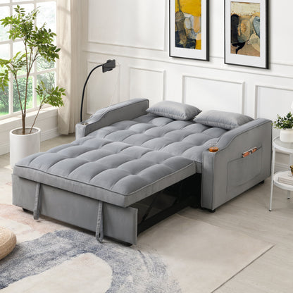 Gray velvet sleeper loveseat futon with pullout bed, tufted cushions in a modern living room on Tampa Home & Garden Store