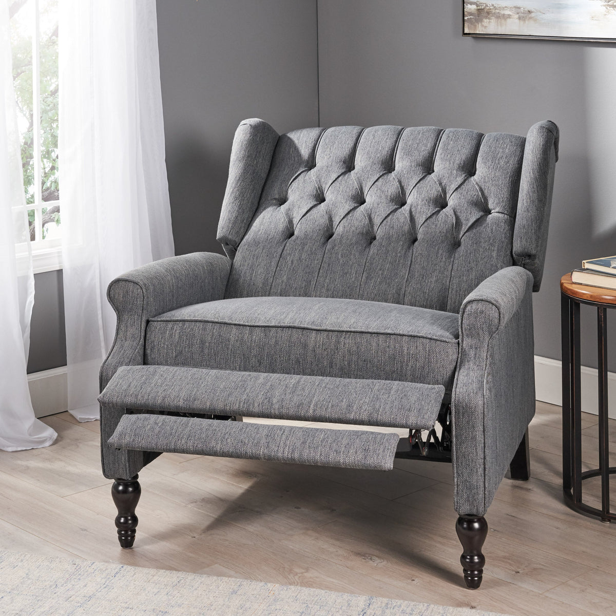 Oversized tufted wingback push-back recliner by HouseOfZazla in gray upholstery with dark legs on Tampa Home & Garden Store