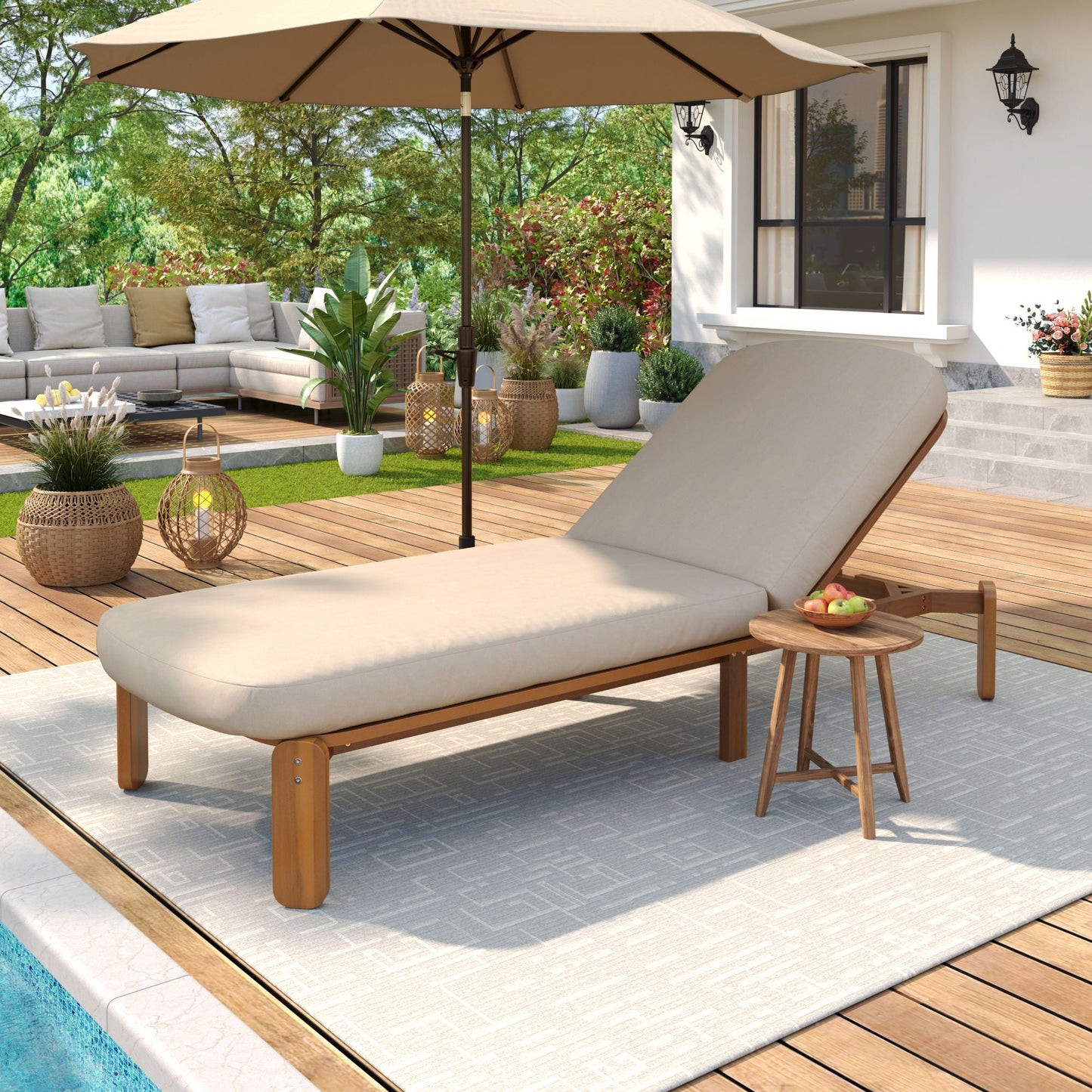 Outdoor Chaise Lounge With Adjustable Backrest (2) tan cushions and wood frame by HouseOfZazla on Tampa Home & Garden Store