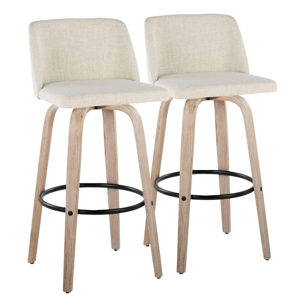 Pair of beige fabric barstools with light wood legs and round black footrests on Tampa Home & Garden Store