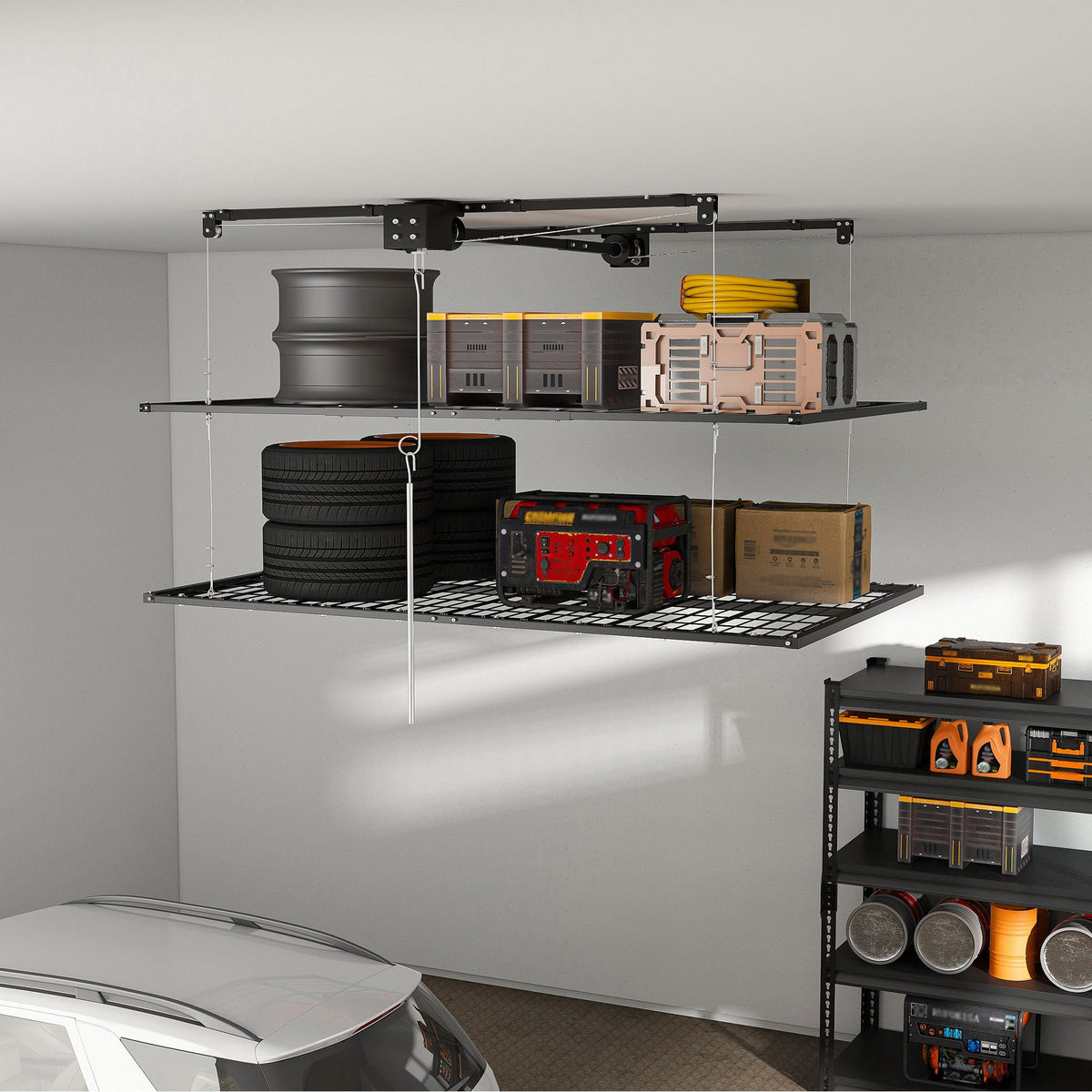 Overhead garage storage rack with crank system in black by HouseOfZazla on Tampa Home & Garden Store