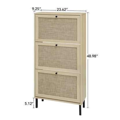 Rattan 3 Door Shoe Rack Cabinet for Entryway