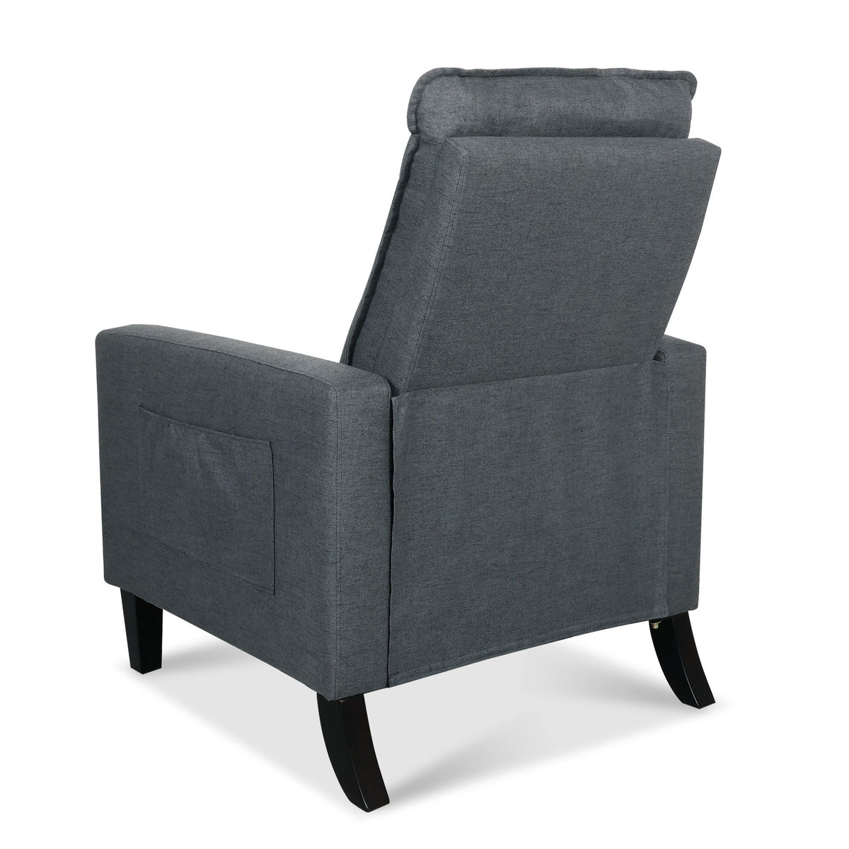 Recliner chair in dark gray fabric with cushioned backrest and armrests, curved black legs on Tampa Home & Garden Store