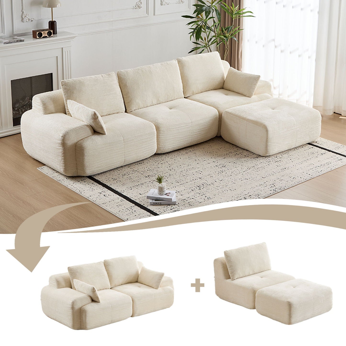 Compressed sofa large sectional 2-piece living room set in cream fabric HouseOfZazla on Tampa Home & Garden Store