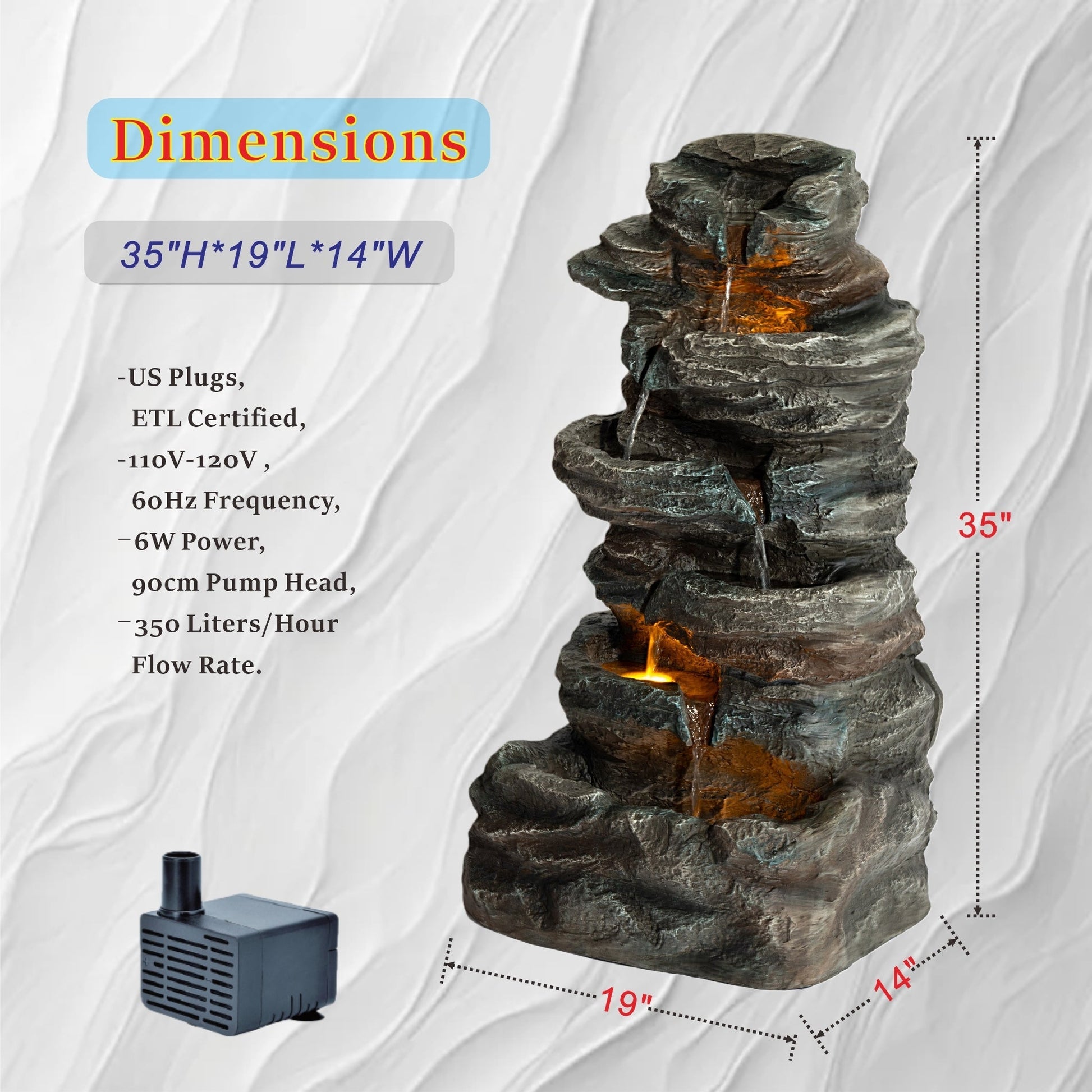 HouseOfZazla 6-Tier Outdoor Cascading Stone Water Fountain with 3 LED Lights on Tampa Home & Garden Store